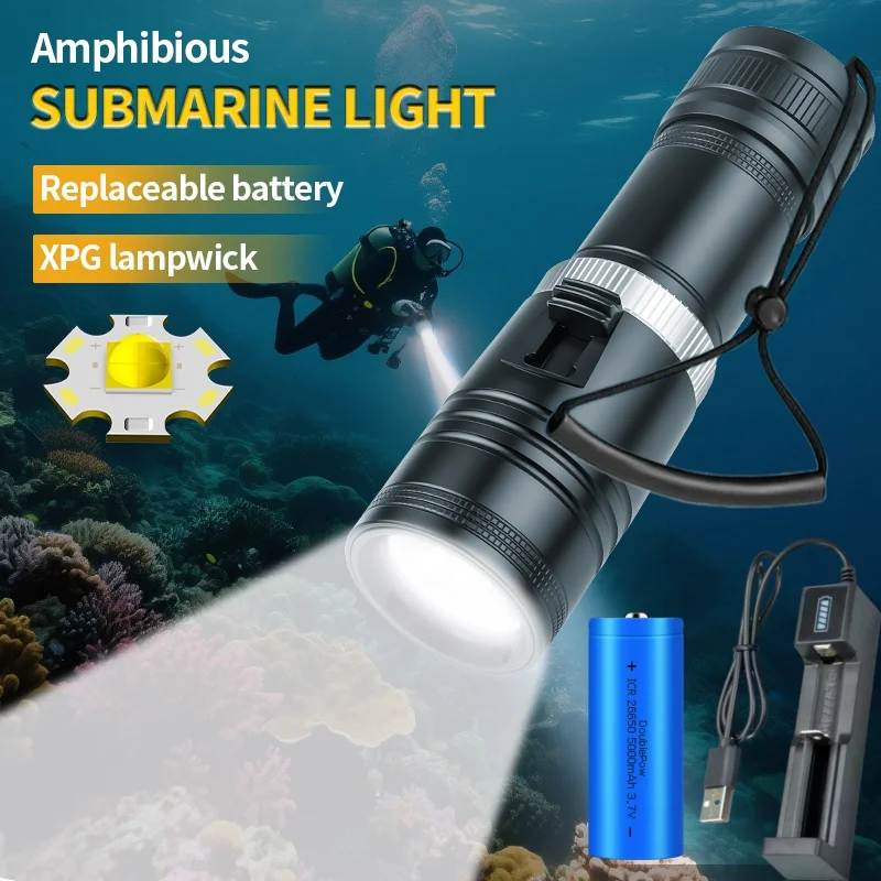 5000LM Aluminum Alloy Waterproof Diving Flashlight IPX8 100m LED Searchlight for Camping Fishing Strong Beam Land Underwater118