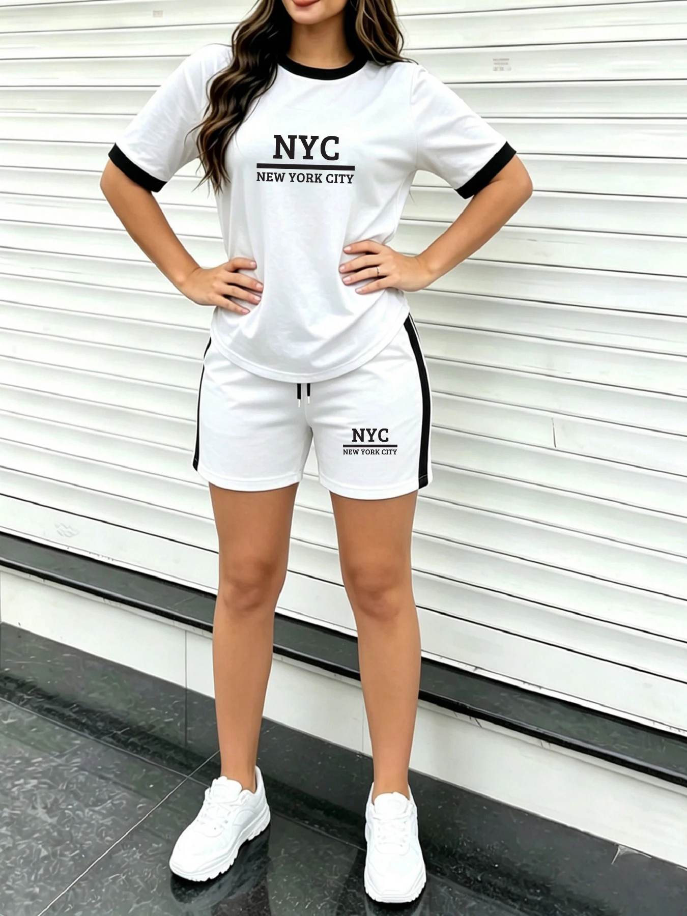 High Street American-Style Women's Short-Sleeve Shorts Set, Letter Print, Color-Blocked Round-Neck Short-Sleeve T-Shirt, Side-Striped Shorts Two-Piece Set, Loose Fit, Everyday Home and Outing Outfit, Street Style Complete Outfit, Summer, Daily, Casual Women's Wear