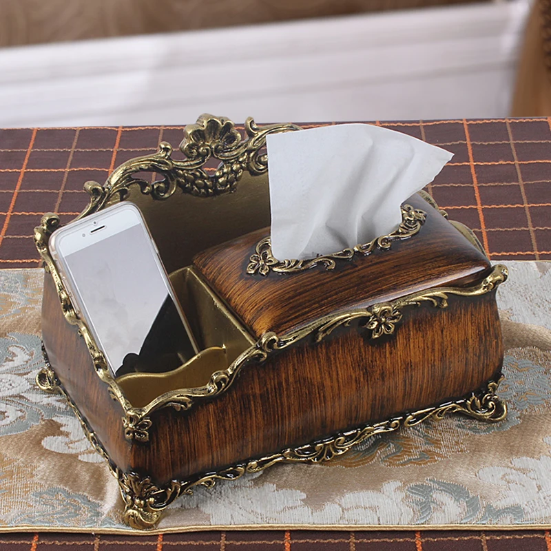 Retro luxury multi-functional tissue box remote control large storage paper draw box American living room coffee table ornament