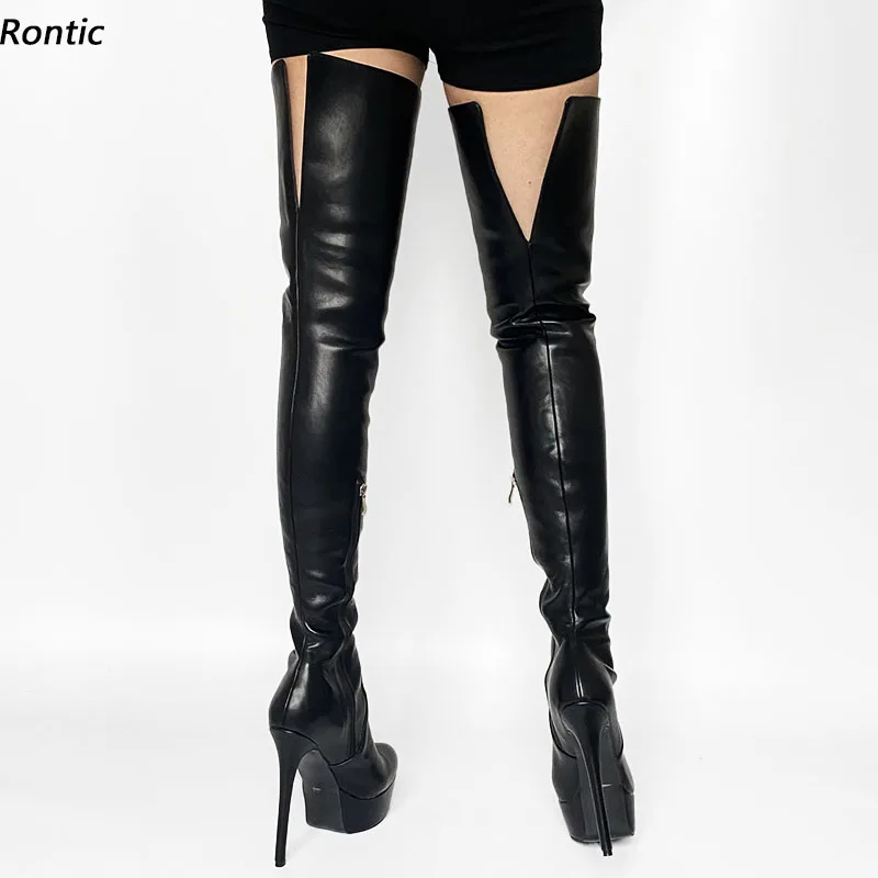 Rontic Women Winter Long Boots Platform Stiff Faux Leather Side Zipper Stiletto Heels Round Toe Black Party Shoes US Size 5-20