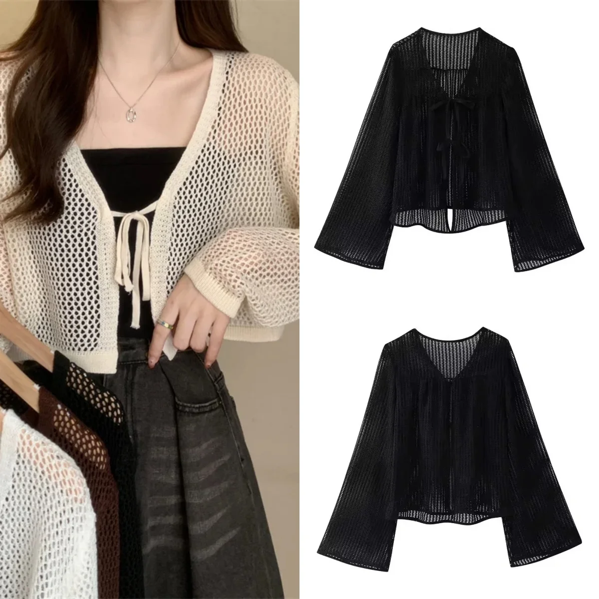 

Summer Chic Women Hollow Out Solid Knitted Shirt Elegant V Neck Flare Long Sleeves Loose Tops Fashion Lady Commuting Street Wear