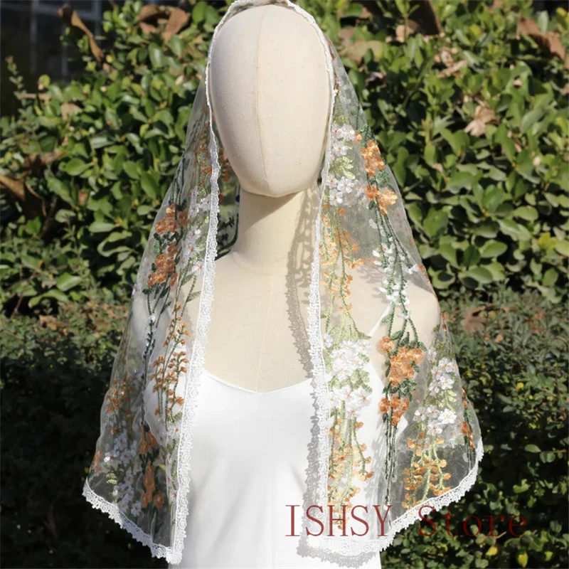 Yellow Green Flowers Leaves Embroidered Floral Mantilla Church Veils Mass Women Christian Head Covering Spanish Vintage Tulle