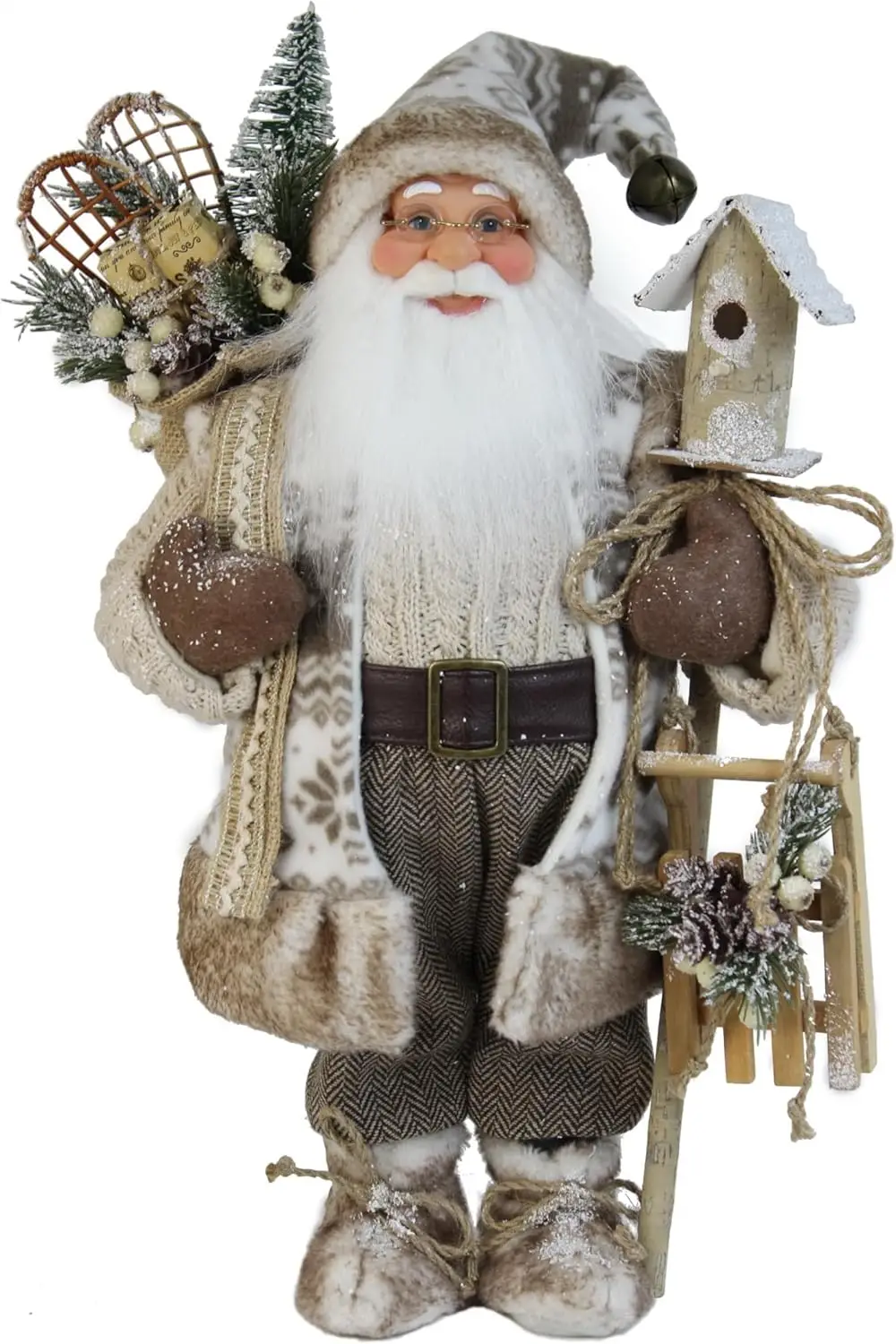 Estatuilla navideña de Papá Noel del bosque de 16 pulgadas con casita de pájaros y abrigo de copo de nieve para decoración navideña