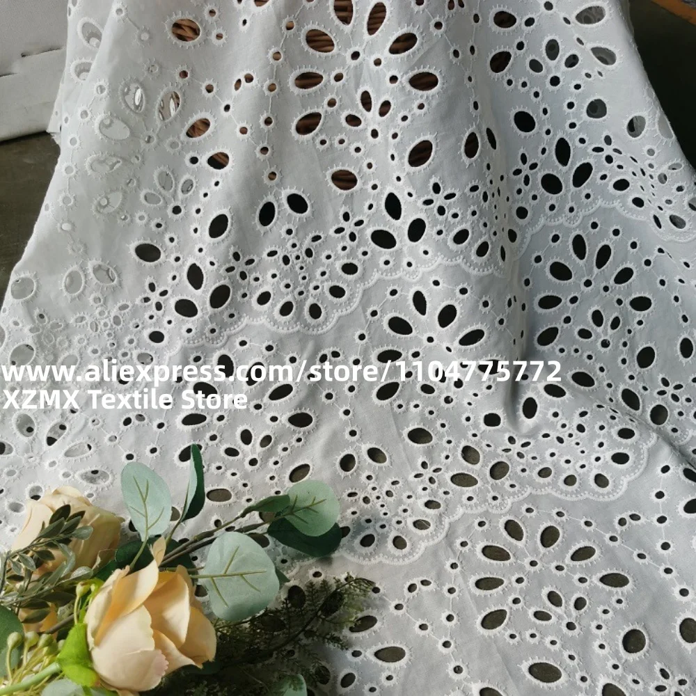 Hollow Cutwork Eyelet Cotton Fabric, White Geometric Hole Embroidery Cloth for Bohemian Dress, Shirt Making