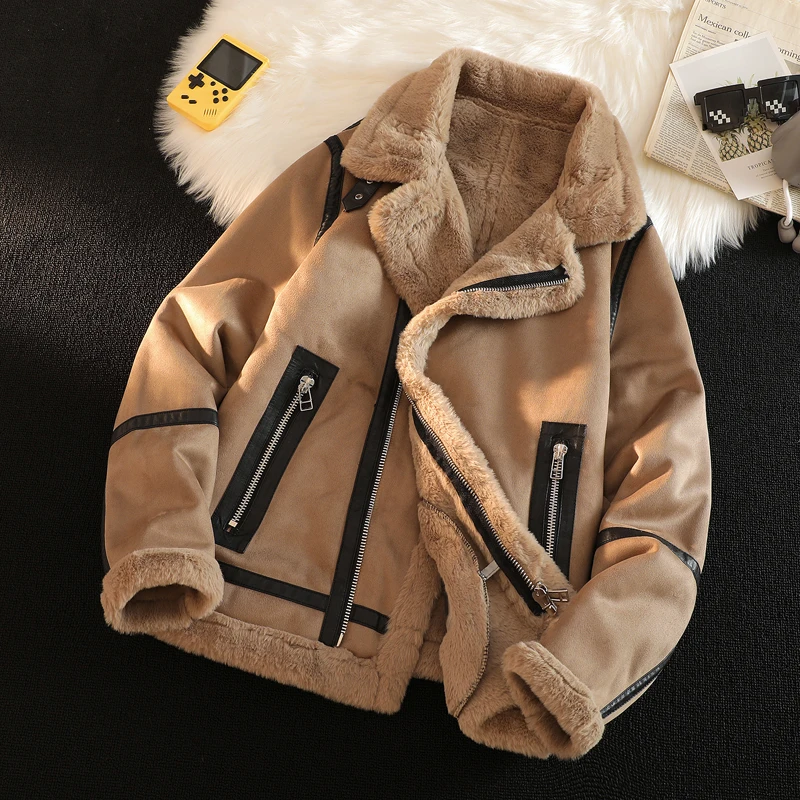 

Lamb Fur Lined Thiened Winter Jaet Men's Leather And Fur Inteated Warm Cotton Coat Youth Faion Stand Fit Zipper Cl...