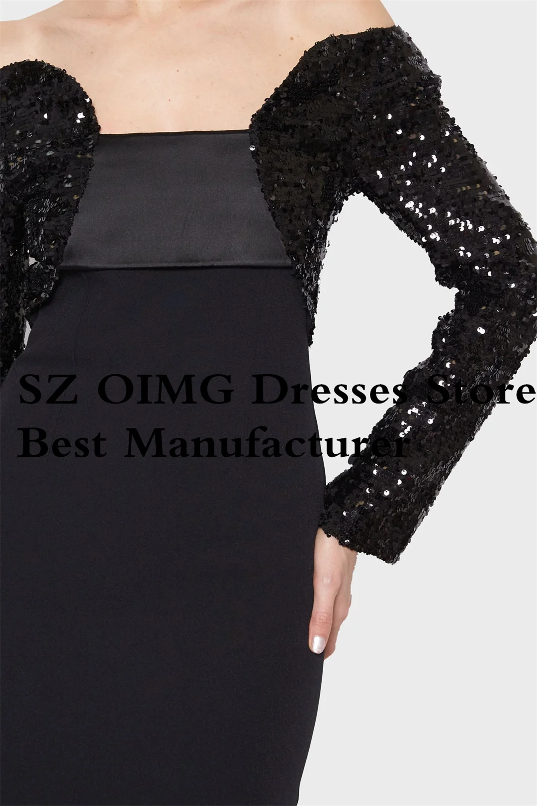 OIMG Black Sequined Prom Dresses Long Sleeves Off the Shoulder Crepe Satin Zipped Ruched Evening Gowns Formal Party Dress