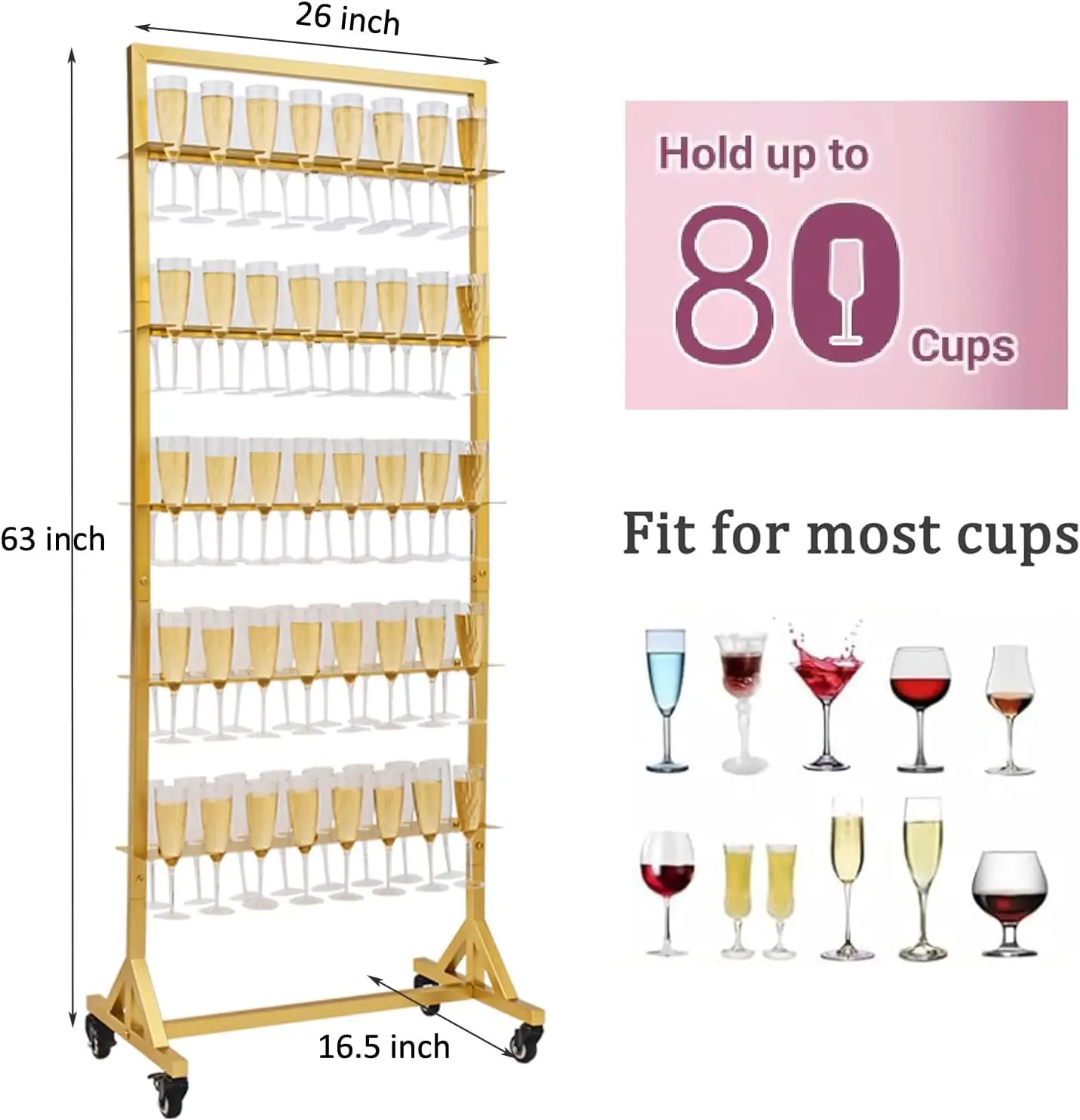 Movable Metal Gold 5 Layer Champagne Wall Stand Holds 80 Flutes Display Drink Party Wedding Bar