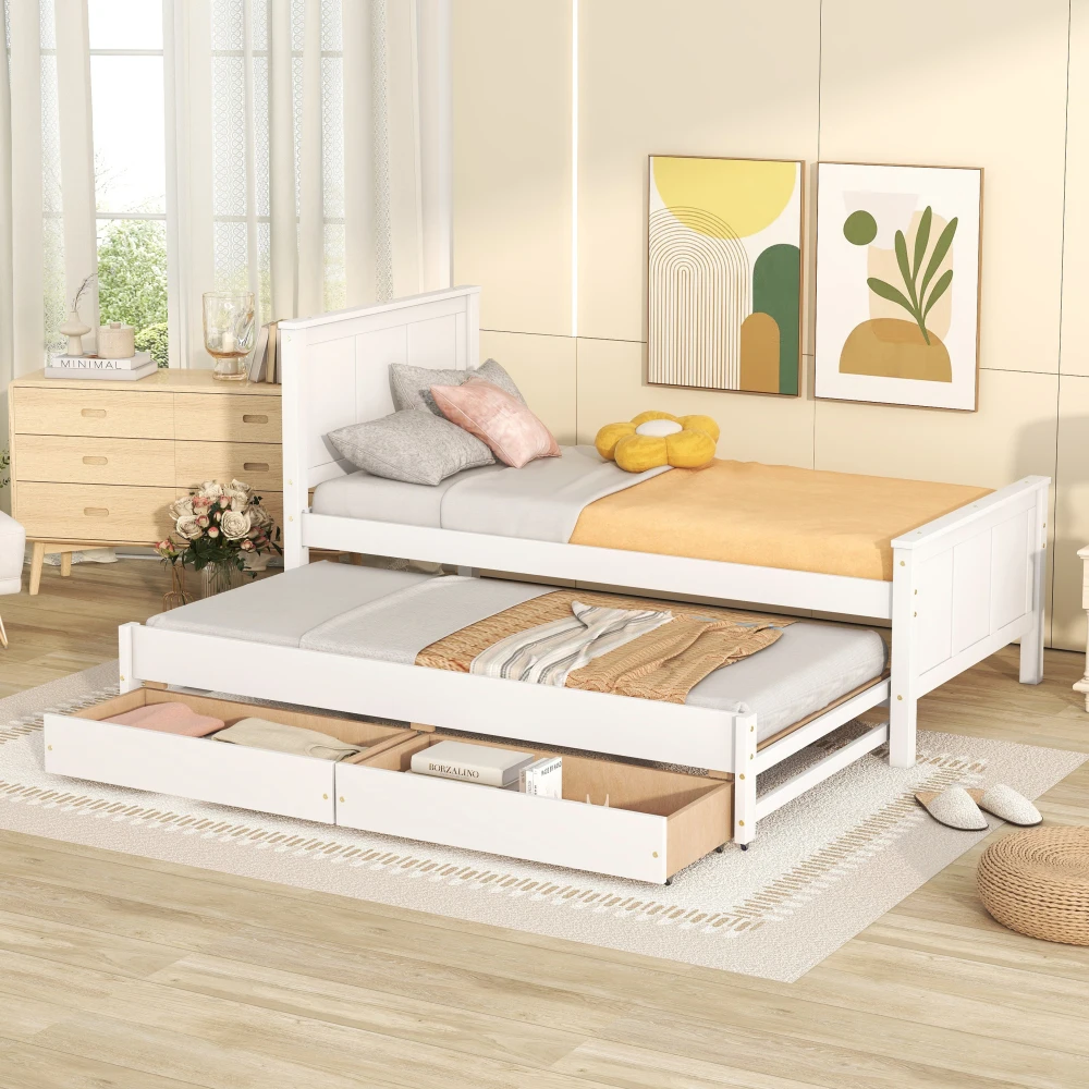 

Twin Size Platform Bed with Trundle and Drawers, White(Old Sku:WF298815AAK)