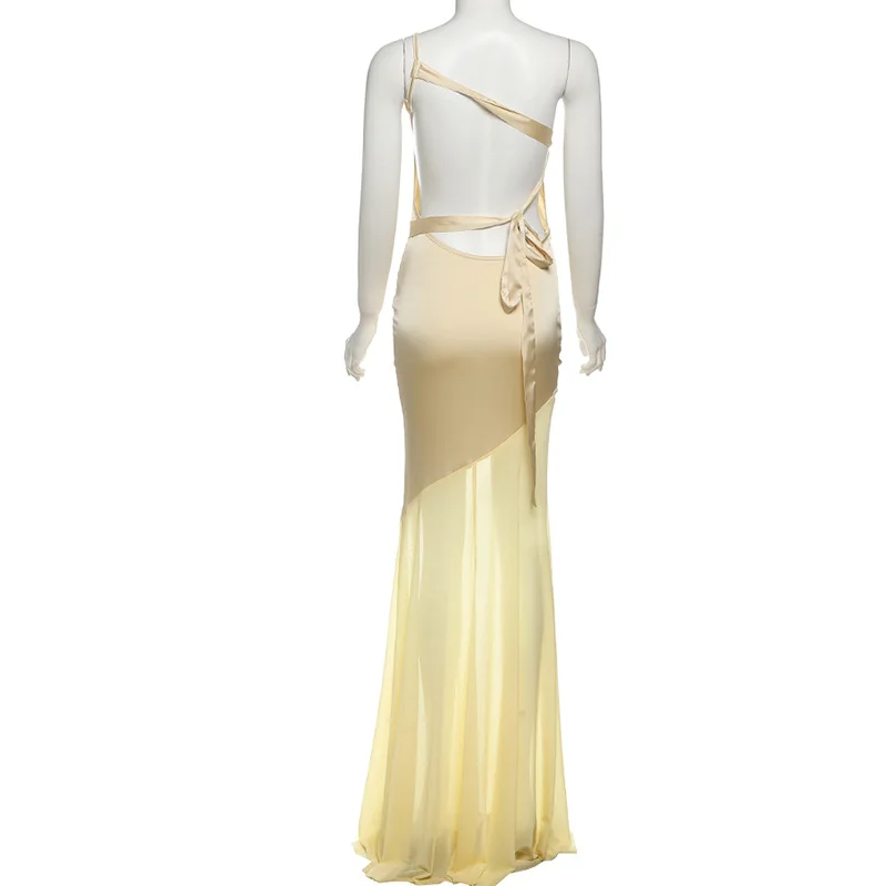 エレガントな非対称ショルダーサテンメッシュパッチワークパーティークラブイブニングドレス女性のセクシーな背中の開いたボディコンホリデービーチウェア