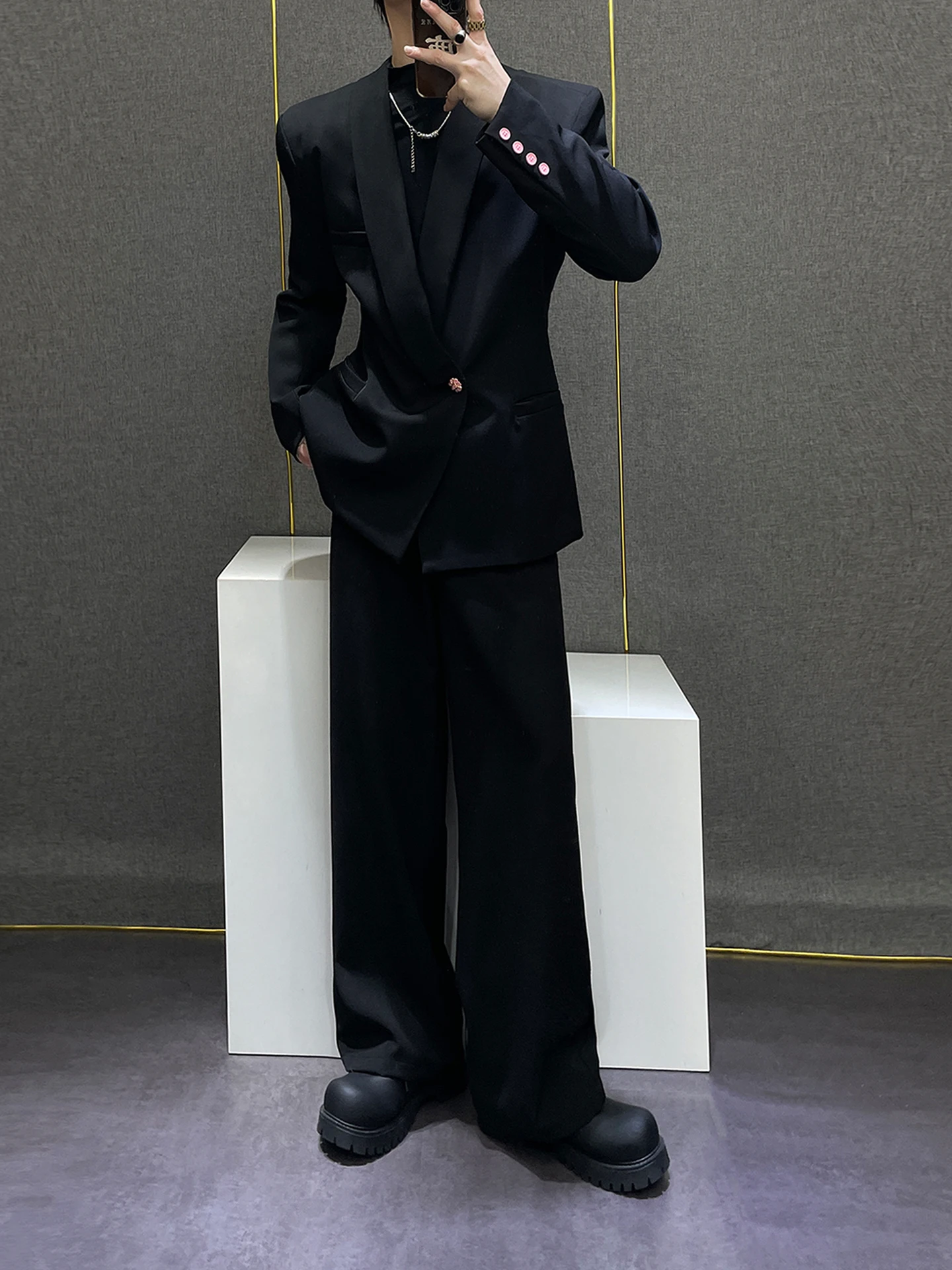 

Design Slim Fit oulder Pad Men's Suit Set Loose Sle Two-Piece Suit Faionable Urban Youth Casual Autumn Wear