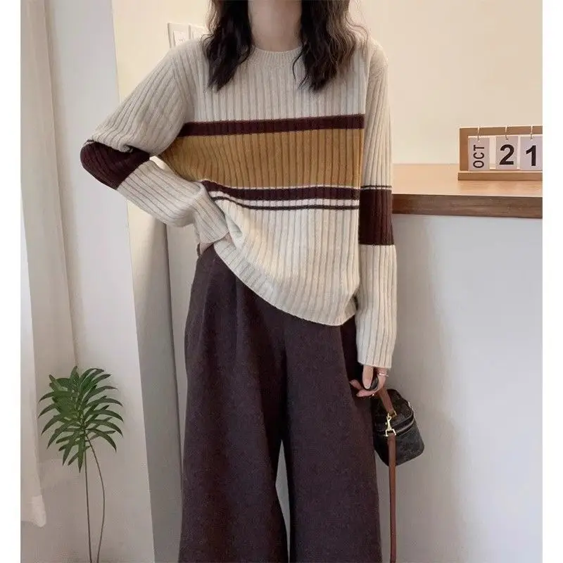 

Женская одежда, пуловер контрастного цвета с круглым вырезом и резьбой, свитер с длинными рукавами, вязаные осенне-зимние офисные женские топы