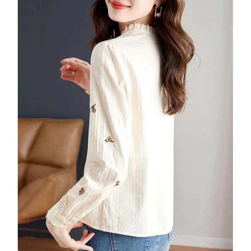 sweet ruffled Neck Button Solid Color Embroidery Shirts Female Clothing 2024 autumn New Loose All-match Tops Casual Blouses