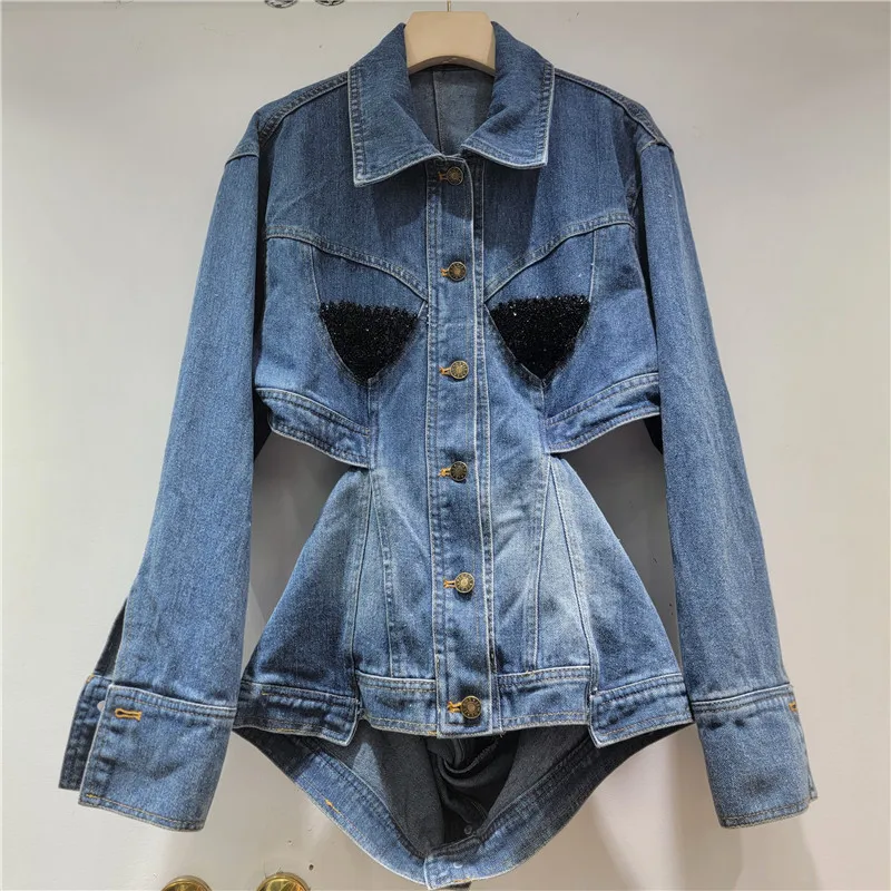 

Осенняя женская джинсовая куртка с открытой талией и ромбовидными бусинами, джинсовое пальто с открытой спиной, однобортный ковбойский кардиган с длинными рукавами, топы