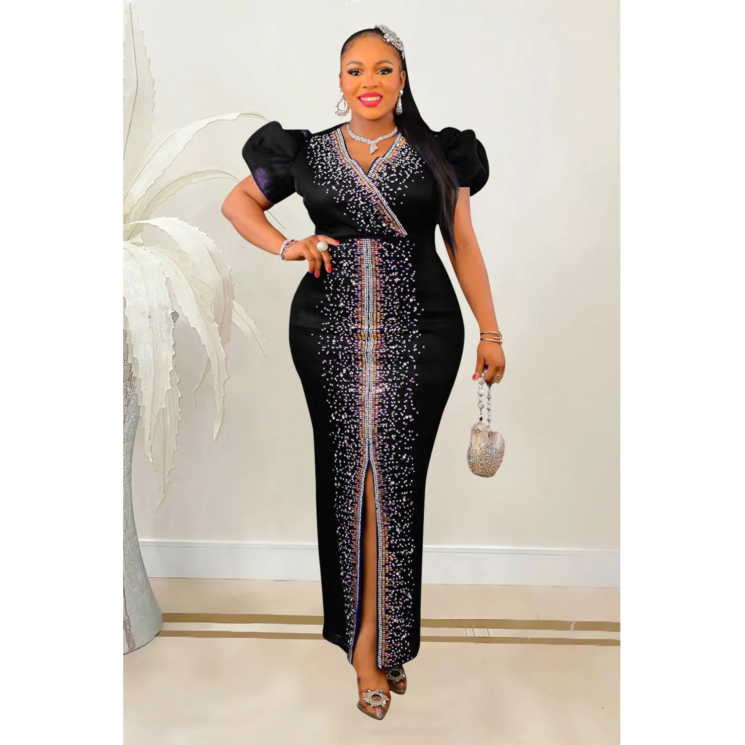 

2023 Women Luxury Diamonds Hot Drill Wrap V-neck Puff Short Sleeve Bodycon Midi Maxi Dress Sexy Night Club Birthday Vestidos