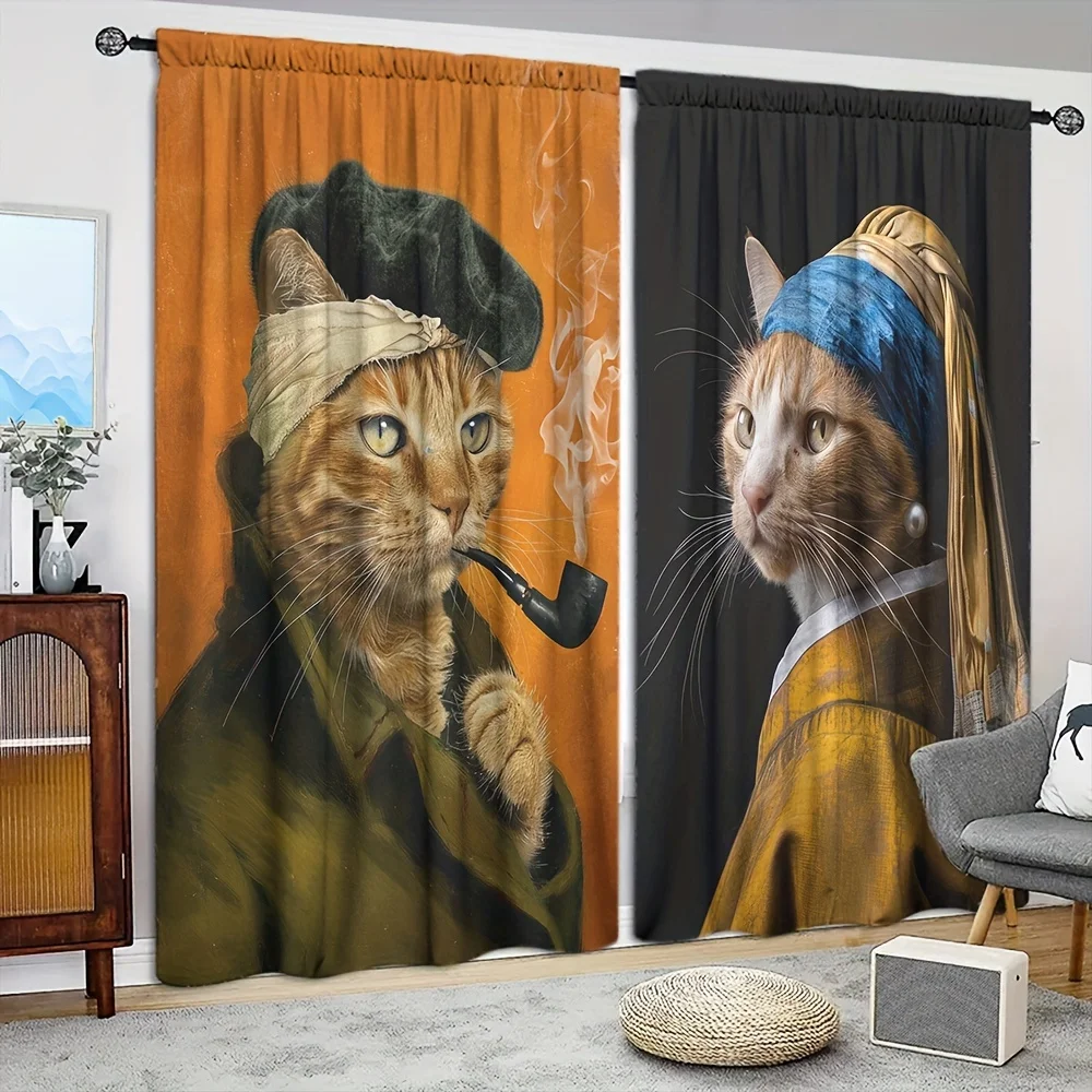 Large Art Cat Curtain Panels Set Window Drapes Whimsical Home Decor Novelty Print for Living Room Bedroom Window Treatment