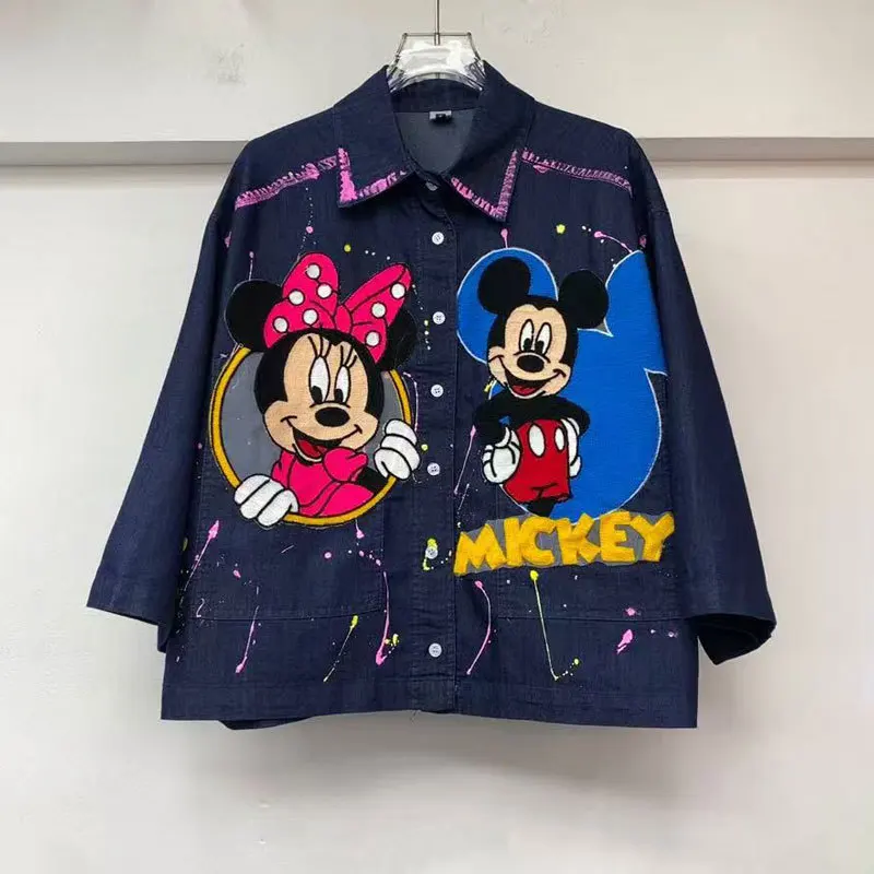 

Age Reduction Students Denim Jackets Fashion 2026 New Spring Autumn Cute Mickey Embroidery Long Sleeve Dark Blue Cardigans Coat