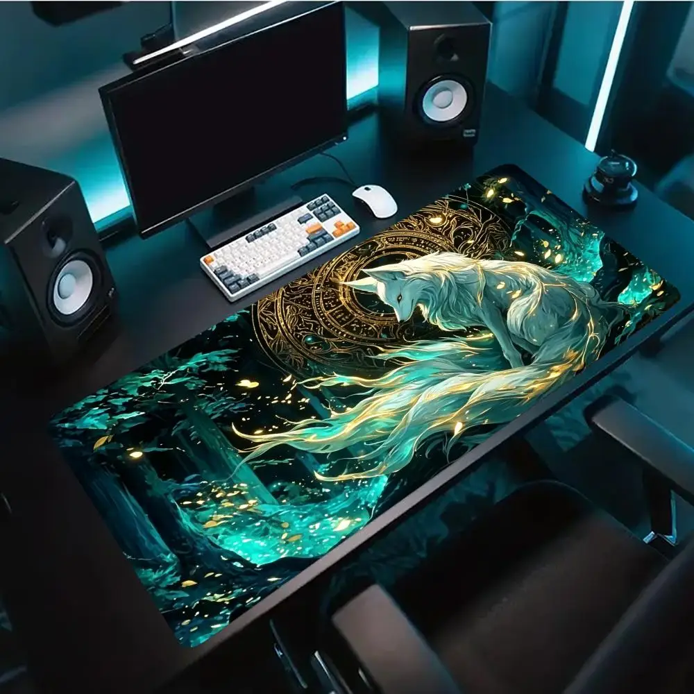 Mousepad Nine Tailed Fox Forest Print Anti Slip Rubber Desk Mat Stitched Edge Keyboard Pad For PC Laptop Gamers Table Accessory