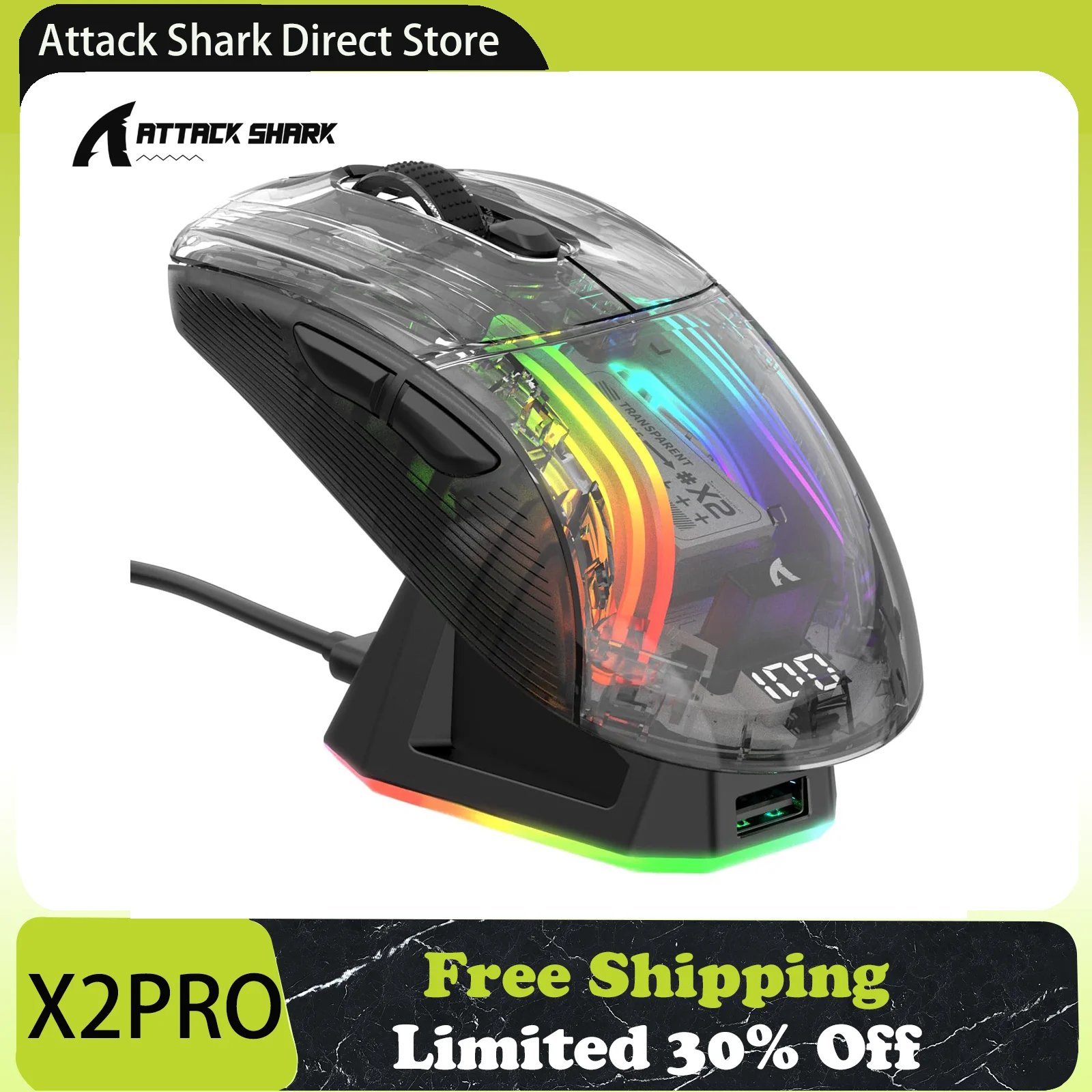 Souris de jeu tri-mode ATTACK SHARK X2 Pro avec station de chargement RVB, coque transparente, PixArt 3212, jusqu'à 4000 DPI, rétroéclairage RVB