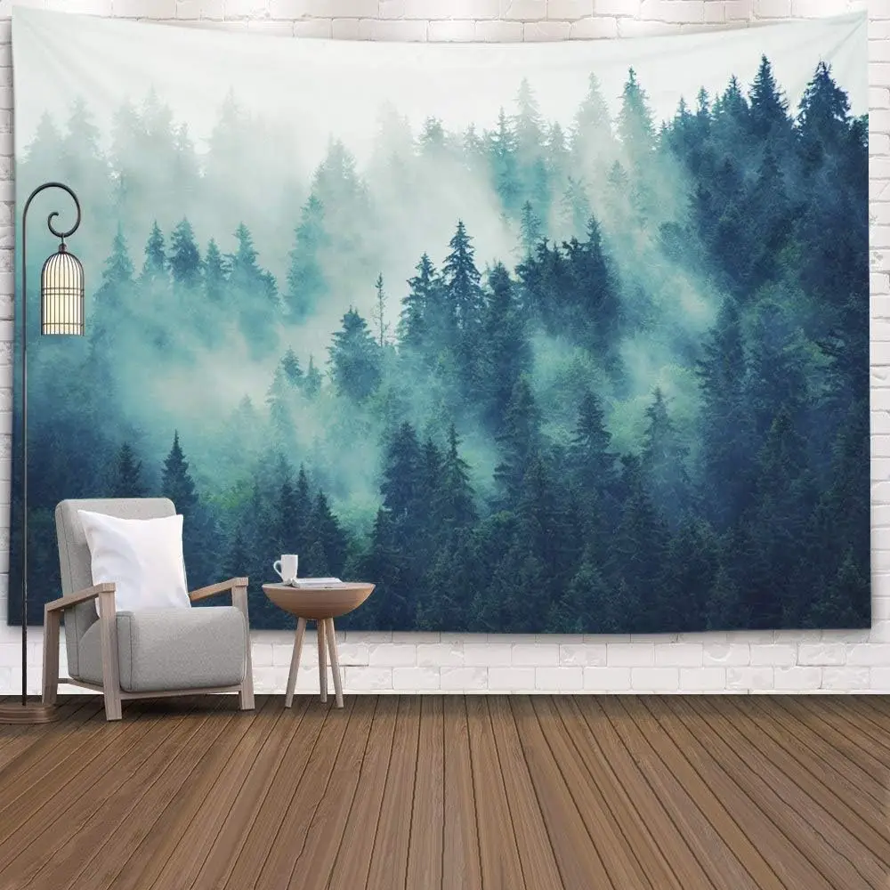 Forest Tapestry Wall Hanging Green Misty Pine Tree Nature Wall Art,Tapestries Large BoHo Decor for Living Room & Bedroom Spaces