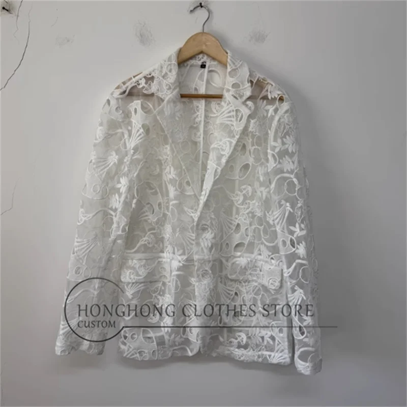 White heavy embroidery see-through organelle men's custom-sized high-quality casual jacket suit