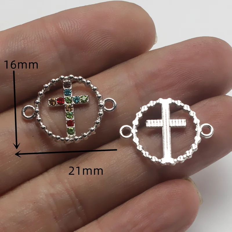 10pcs Color Rhinestones Christian Circle Crosses Alloy Connectors DIY Charms Bracelet Earrings Jewelry Crafts Metal Accessories