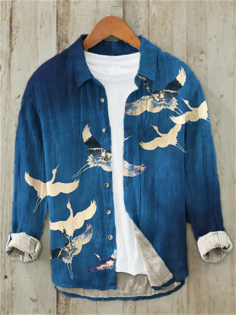Men's Fish Printed Linen Long Sleeve Shirt Casual Shirt Loose Breathable Fashion Hawaiian Vintage New Collection