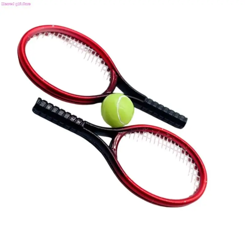 Racket tennis miniature D0JC Accessoires d'équipement sport balle pour maison poupée Définition des enfants
