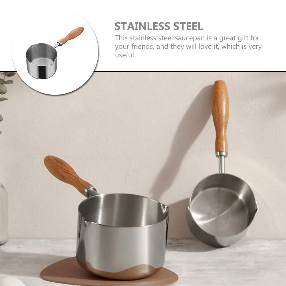 

Wood Handle Stainless Steel Saucepan Small Pouring Oil Pot Milk Heating Pan Lightweight Cooking Pot for Kitchen Reusable