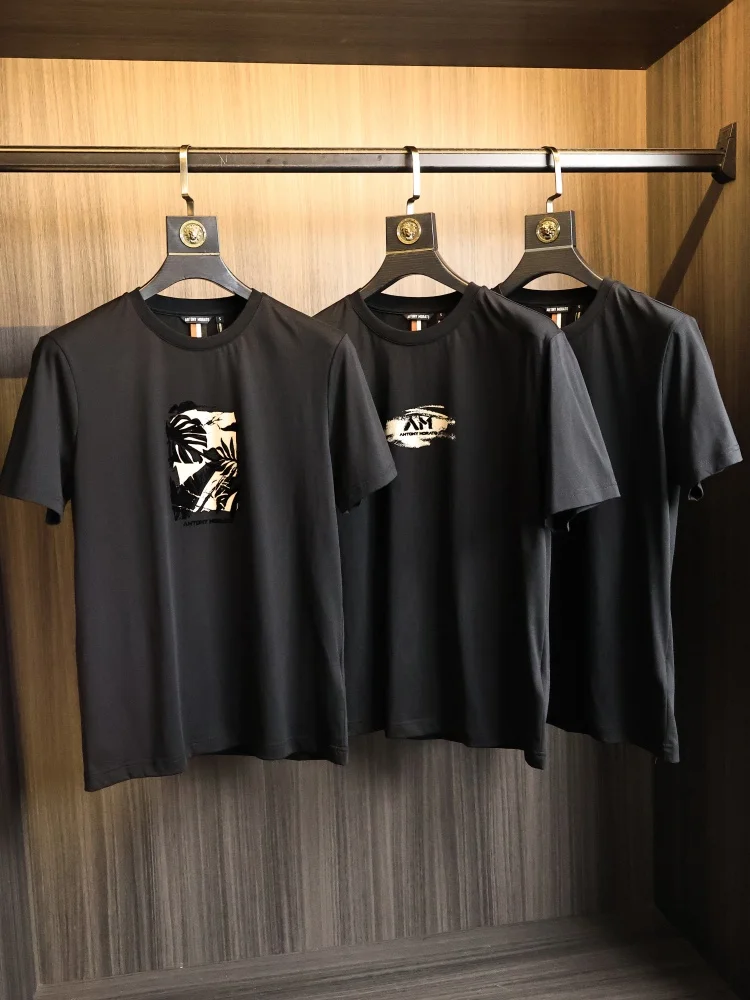 Summer Men's Cotton round Neck Short Sleeve T-Shirt Flocking Printing Skin-friendly High-density Single-thread Fashionable
