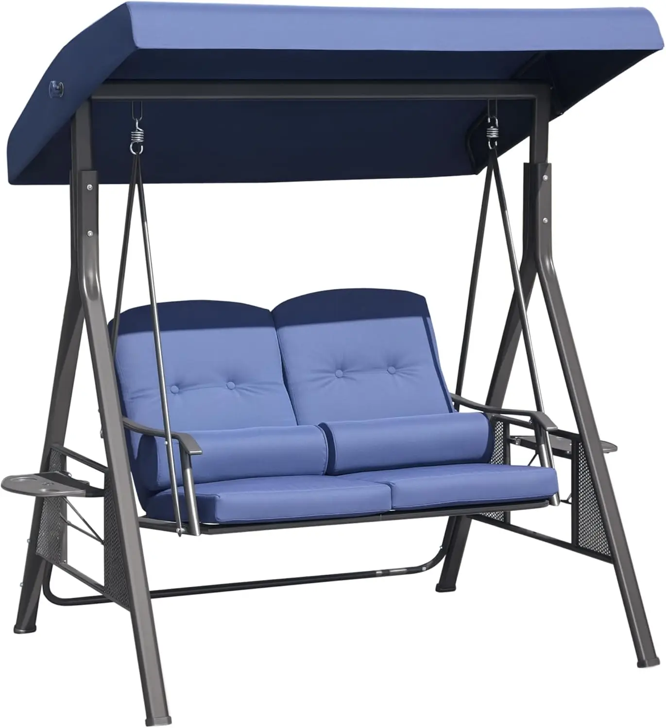 

2-Person Patio Swing Bench with Adjustable Shade Canopy, Soft Cushions, Throw Pillows and Tray, Dark Blue