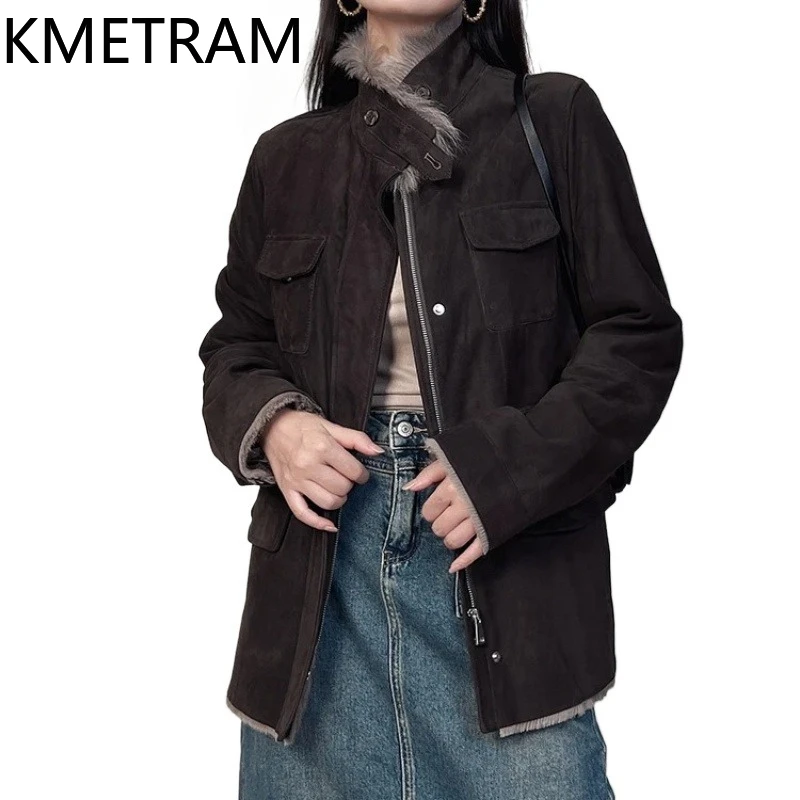 천연 염소 가죽 양털 양면 퍼 재킷 여성 스탠드 칼라 리얼 퍼 코트 겨울 가죽 재킷 여성 의류 2025 шуба