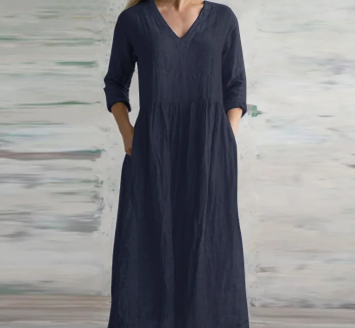 Cotton Linen Loose Long Dresses For Women 2024 Spring Autumn New Casual Half Sleeves V-neck Maxi Dress Simple Style Lady Vestido