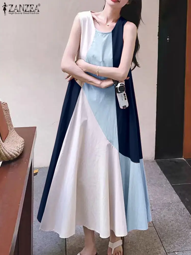 

ZANZEA Casual Loose Swing Robe Women Colorblock Long Dress 2024 Summer Sleeveless Tank Sundress Korean Fashion O-neck Vestidos