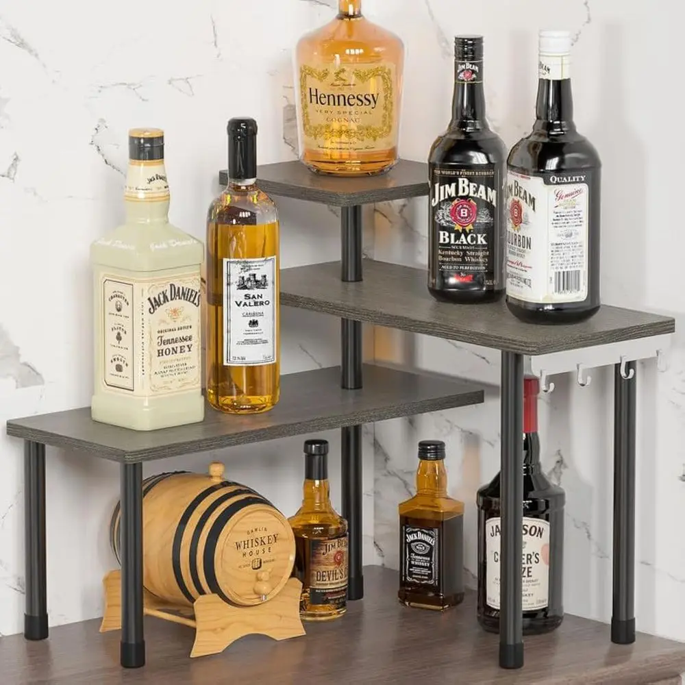 

3-Tier Adjustable Corner Shelf Organizer with Hooks for Kitchen, Bathroom, Spices, Makeup, and Coffee Stations in Rustic Grey