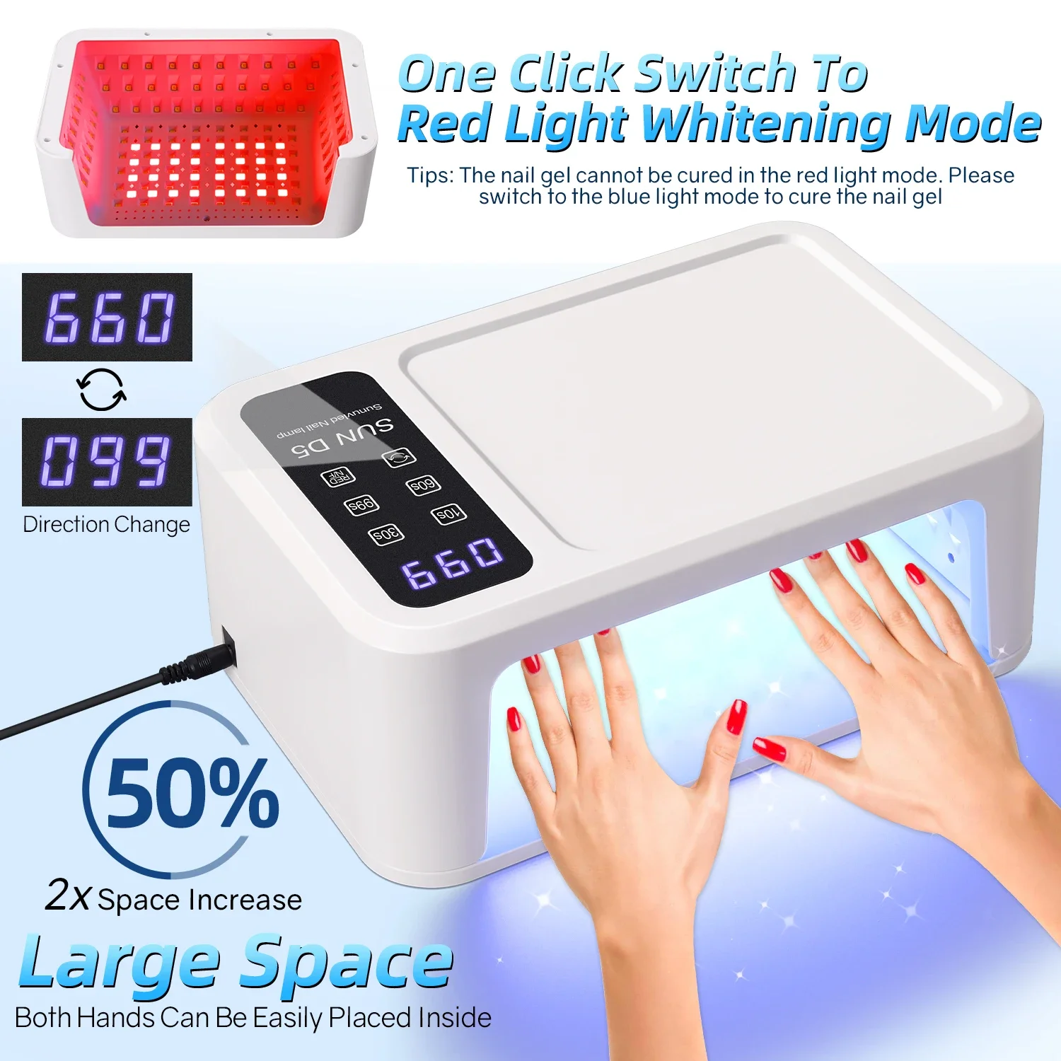 480W UV LED Lamp for Nails 108 LEDs Nail Dryer with Red Light Whitening Mode UV Light for Nail Manicure Lamp 4 Timer Settings