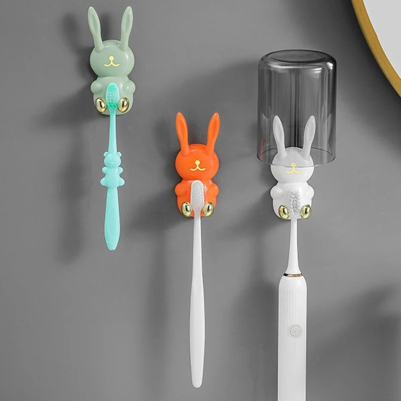 Cute Rabbit Toothbrush Holder Punch-free Toothbrush Shelving Strong Adhesive Wall Hook Multifunctional Power Plug Holder Hanger