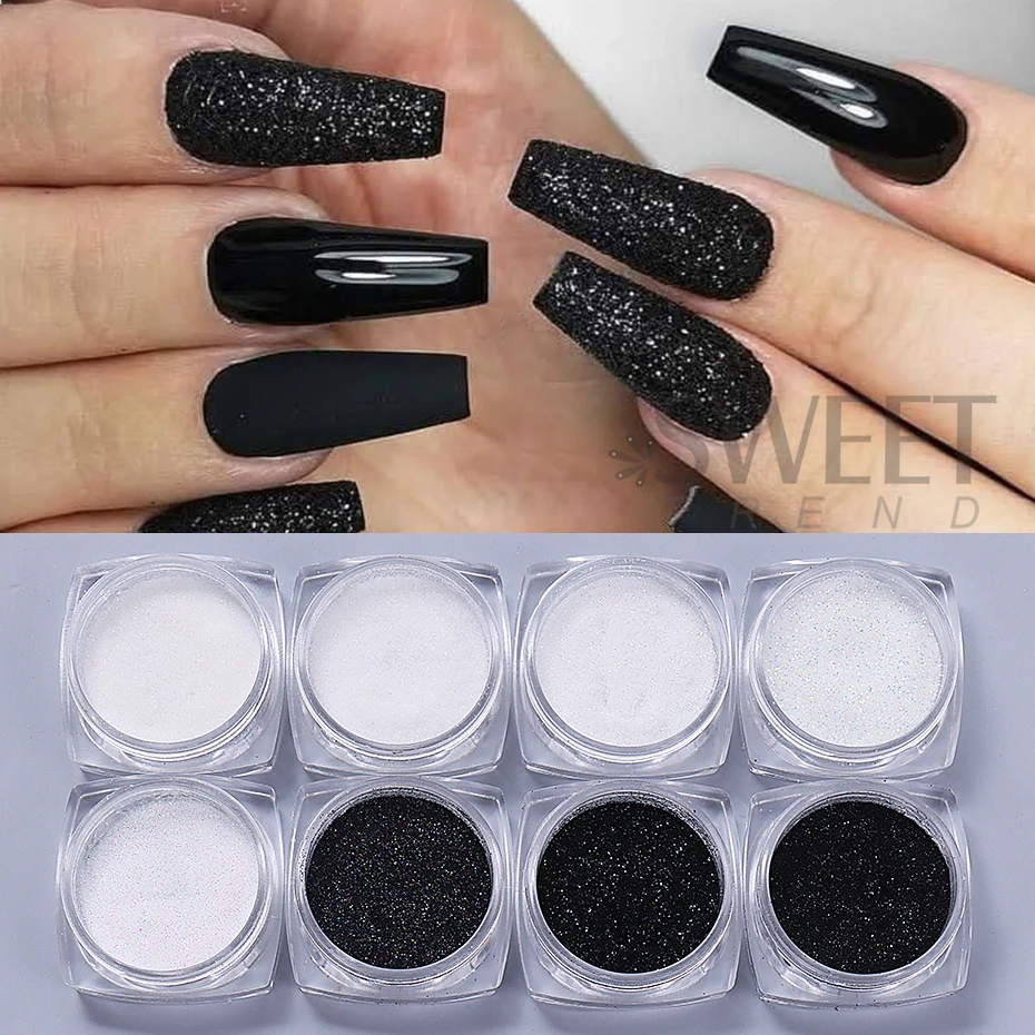 8 colores negro blanco brillo de uñas polvo de inmersión pigmento brillante polvo láser azúcar arte de uñas lentejuelas brillos decoraciones de manicura