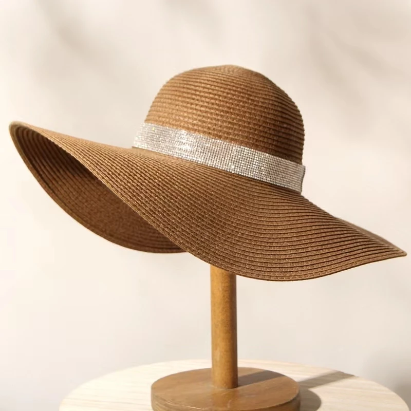 Sommer Einfarbig Mode Rhinestone14cm Übergroßen Sonnenhut Damen Strand Sonnencreme Stroh Hut Reise Faltbare Uv Panama Großhandel – Detail 22