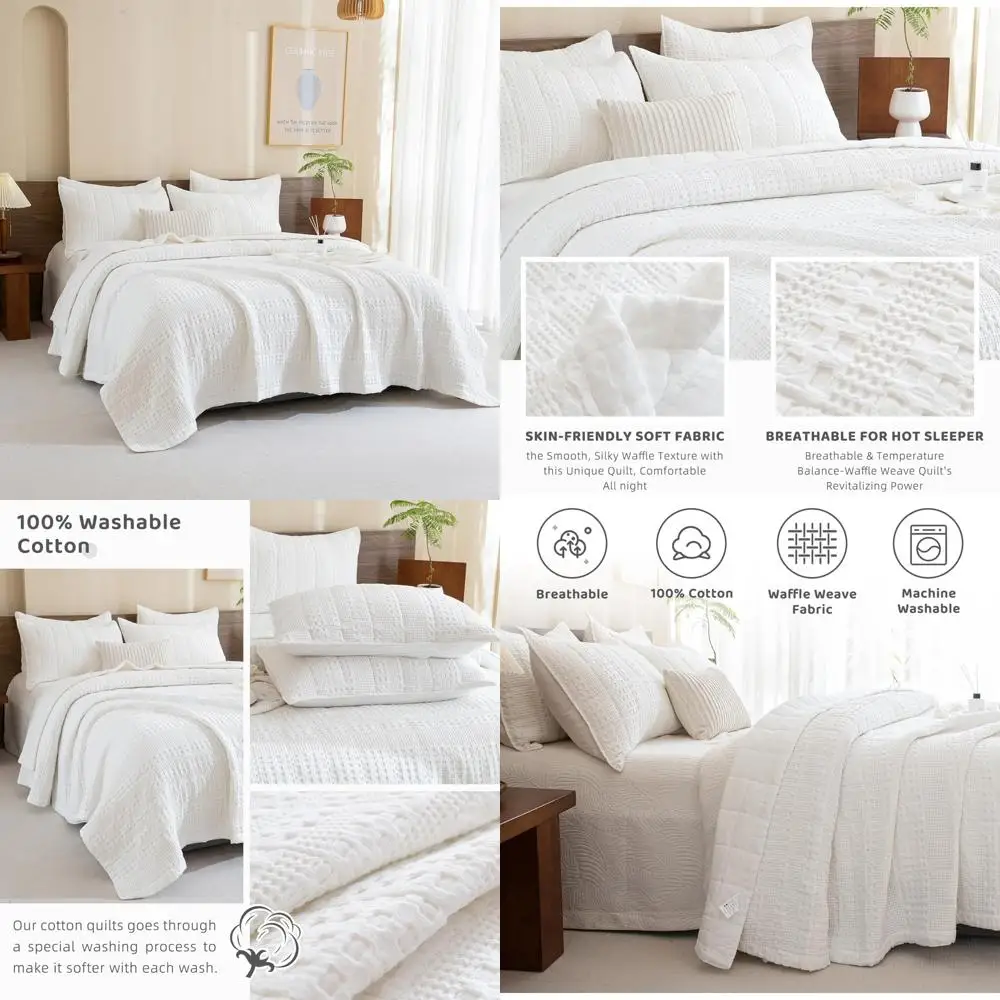 

Queen Size Waffle Weave Quilt Set - 3-Piece Farmhouse Style Boho Chic Bedding