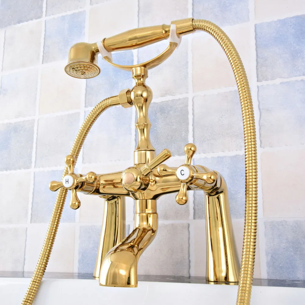 

Modern Luxury Golden Brass Deck Mounted Bathroom Tub Faucet Set with 1500MM Handheld Shower Spray Head Bath Mixer Tap 2tf787