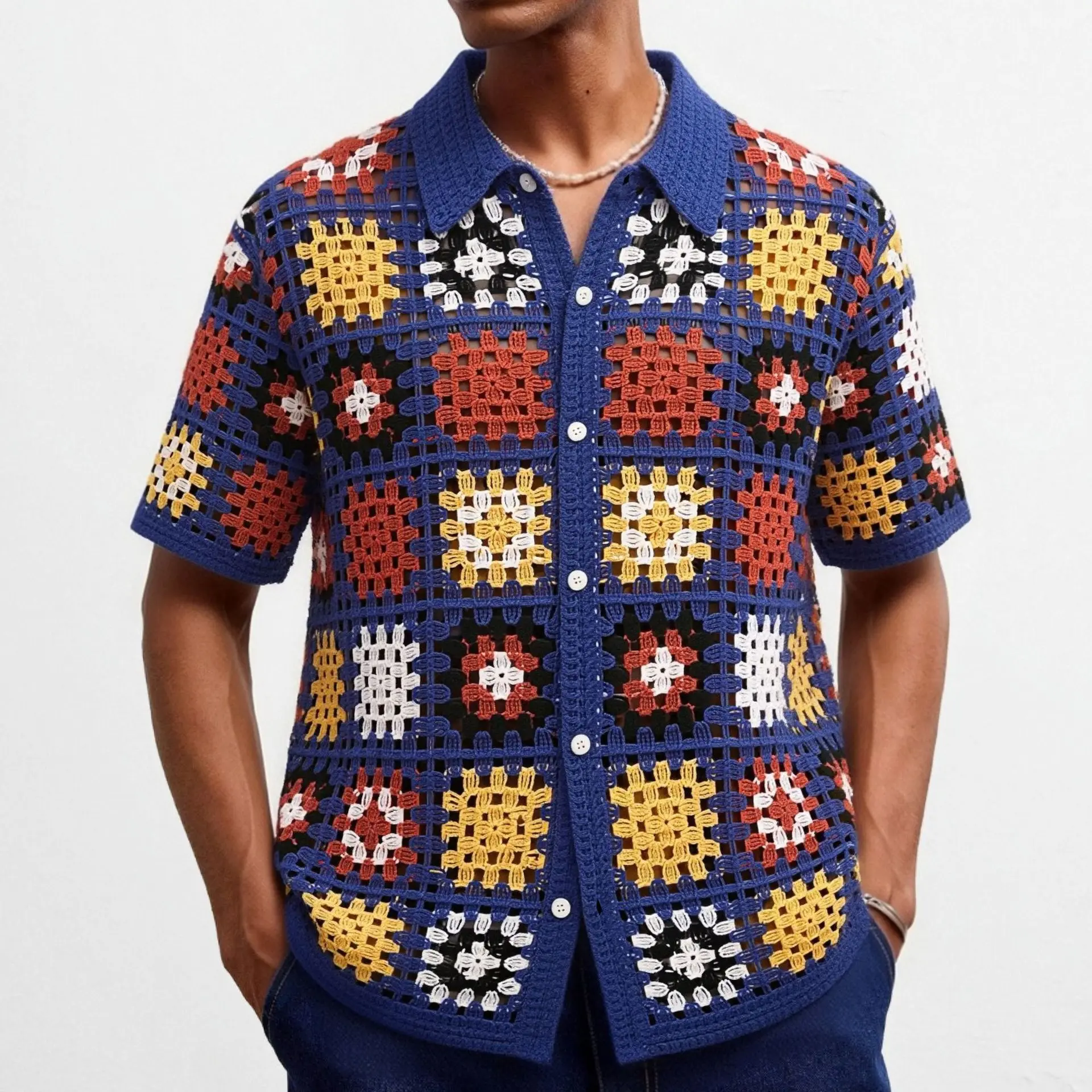 American Style New Fashion Summer Men Navy Short Sleeve Turn-down Collar Plaid Color-coded Cardigans Male Casual Top Clothes