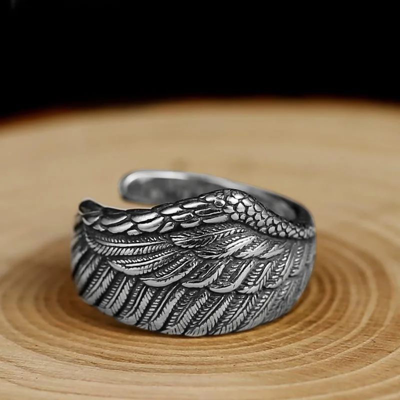 Men's Vintage Wing Ring Personalized Trendy Open Ring Thai Silver Feather Rings Boy's Index Finger Jewelry KOFSAC