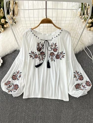 Women's Retro Blouse National Style Embroidered Lace-Up Tassel V-Neck Lantern Sleeve Tops Loose All-Match Female Blusa G05