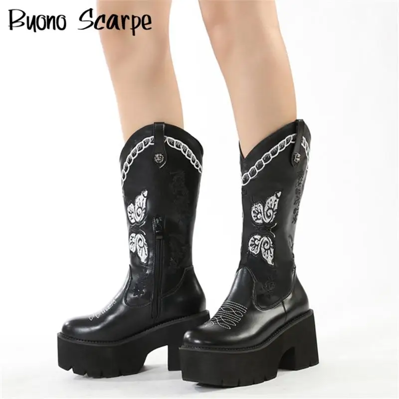 

2025 Western Style Embroidery Sewing Round Toe Thick Sole Platform Chunky Heels Women Boots Slip On Fashion Ethnic Sexy Shoes