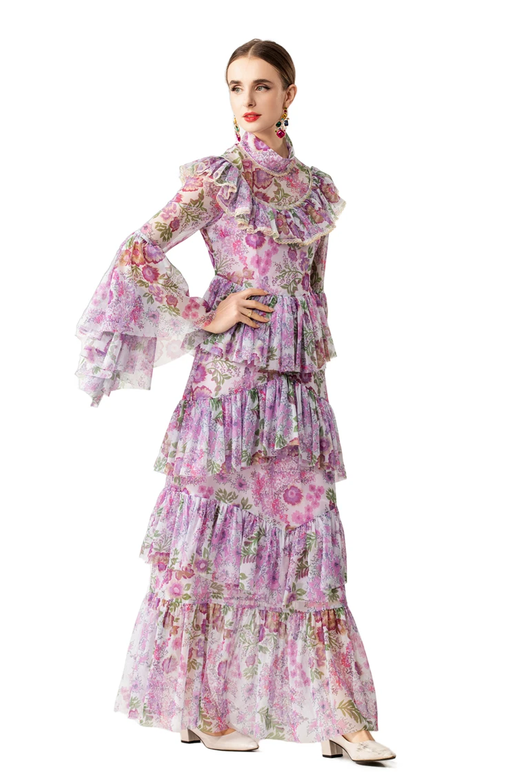 Women's Purple Pink Floral Print Long Sleeve Maxi Dress, High Neck Gown with Multi - Tiered Ruffles & Lace Trim, Elegant Vestido