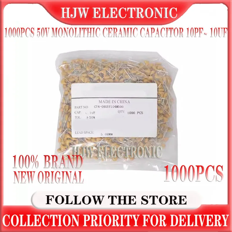 1000Pcs 50V monolithic ceramic capacitor 10PF~ 10UF 22PF 47NF 220NF 1NF 1UF 4.7UF 100NF 330NF 0.1UF 102 104 105 106 103 473 334