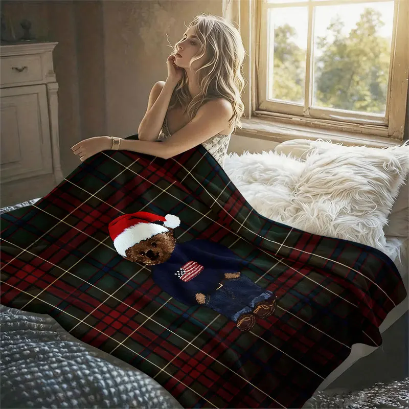Christmas Bear Tartan Flannel Blanket Perfect for Sofa Office Bed Travel Sleep Read Relax Camping Four Season Use