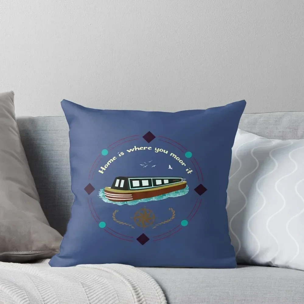 Narrowboat Illustration Home is where You Moore It Throw Pillow christmas cushions covers pillow