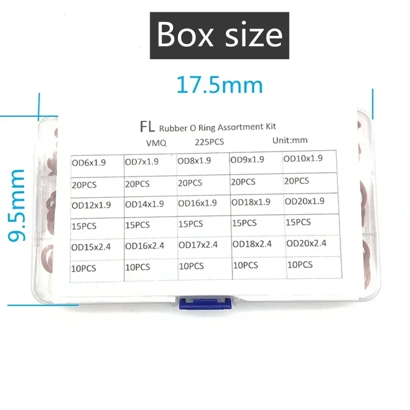 Rote Silikon VMQ O-Ringe 225 Stück O-Ringe Dichtung Dichtung Silikon Unterlegscheibe Gummi O-Ring Set Sortiment Kit Set Box Ring