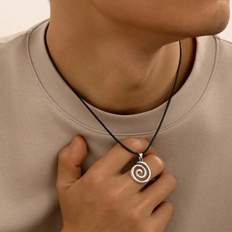 Collar con colgante de vórtice en espiral Vintage para mujer, Punk, Hip Hop, cuerda de cuero tejida a mano, cadena para clavícula, joyería Y2K